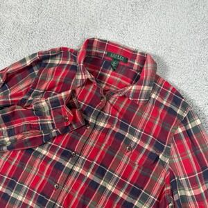 Lauren Ralph Lauren Womens Red Plaid Button Down Shirt Roll Tab Sleeve Cotton L